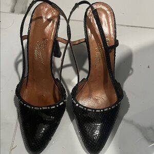 Rolina Ferragamo Black Textured Slingback Heels